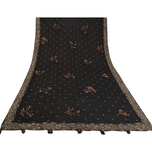 Sanskriti Vintage Black Sarees Net Mesh Hand Beaded Party Premium Sari Sustainable Fabric