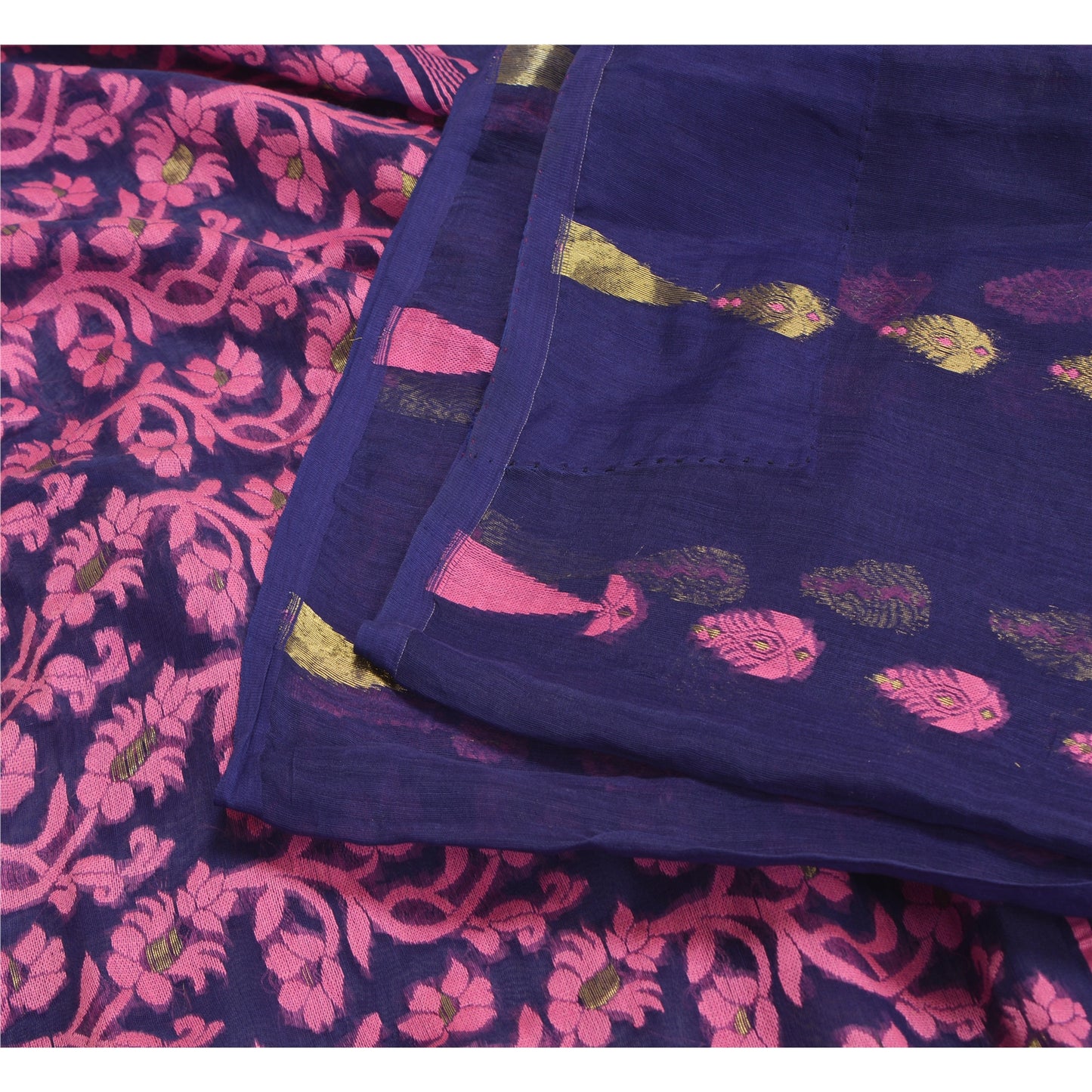 Sanskriti Vintage Blue Indian Sarees Cotton Hand- Woven Sari 5 Yard Sustainable Fabric