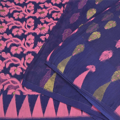 Sanskriti Vintage Blue Indian Sarees Cotton Hand- Woven Sari 5 Yard Sustainable Fabric