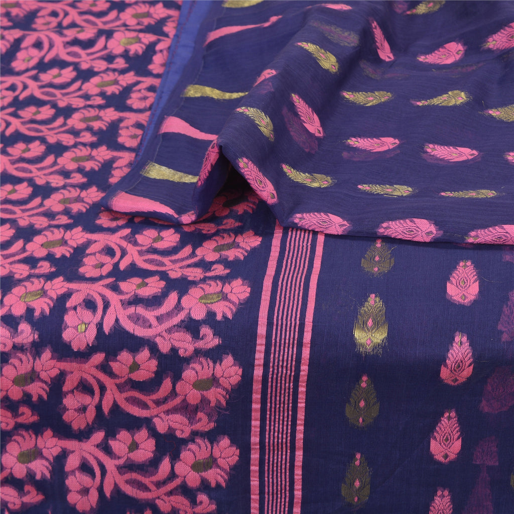 Sanskriti Vintage Blue Indian Sarees Cotton Hand- Woven Sari 5 Yard Sustainable Fabric