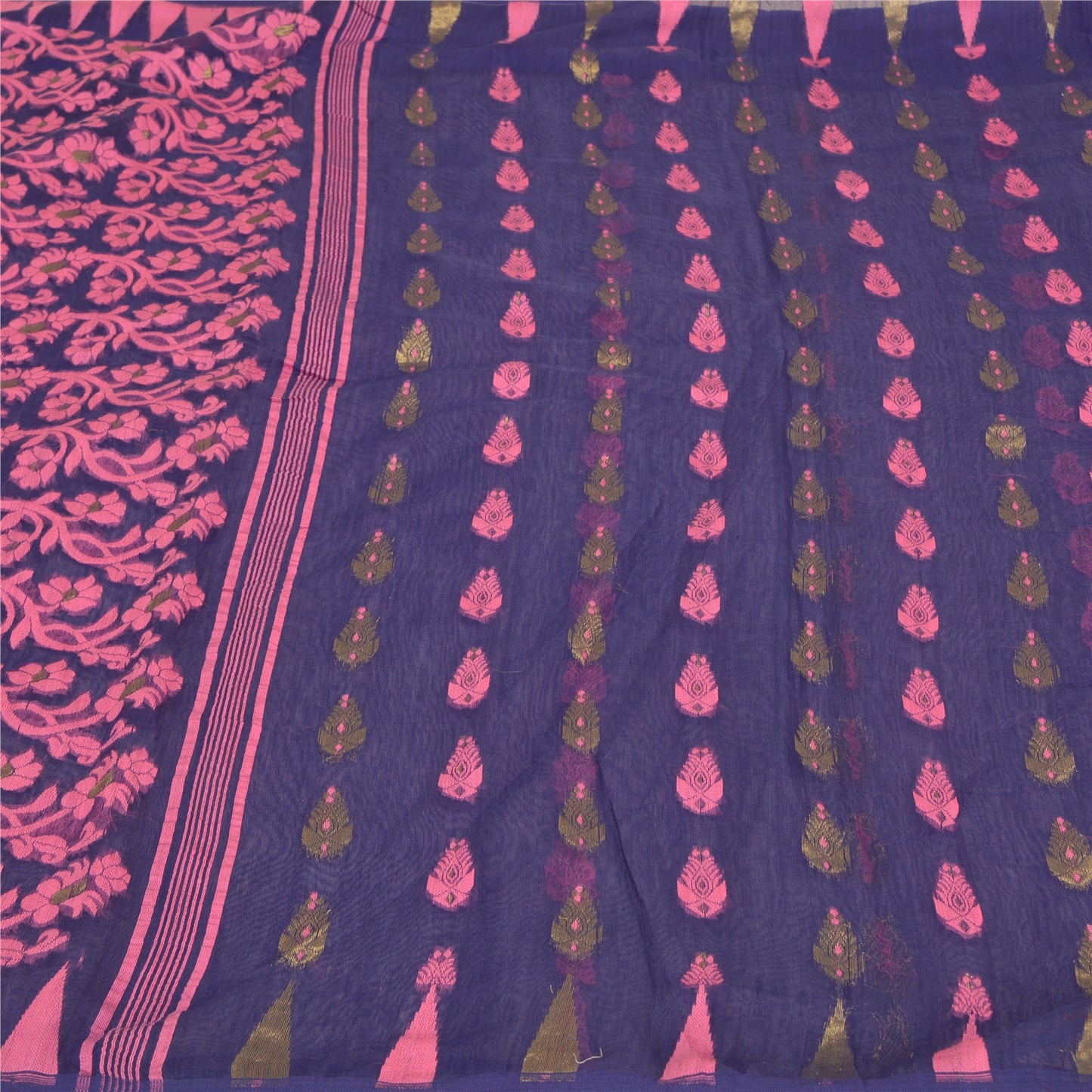 Sanskriti Vintage Blue Indian Sarees Cotton Hand- Woven Sari 5 Yard Sustainable Fabric