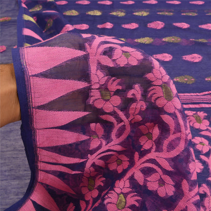 Sanskriti Vintage Blue Indian Sarees Cotton Hand- Woven Sari 5 Yard Sustainable Fabric