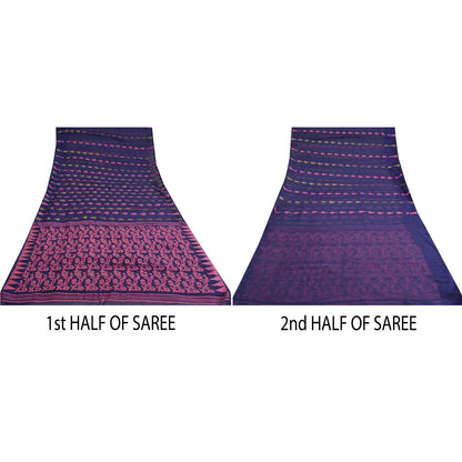 Sanskriti Vintage Blue Indian Sarees Cotton Hand- Woven Sari 5 Yard Sustainable Fabric