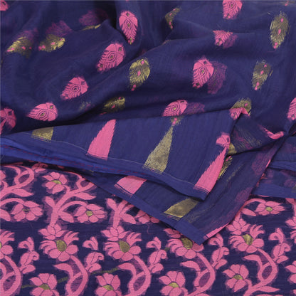 Sanskriti Vintage Blue Indian Sarees Cotton Hand- Woven Sari 5 Yard Sustainable Fabric