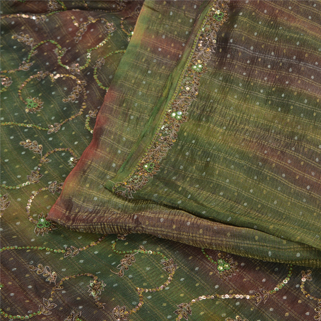 Sanskriti Vintage Green Sarees Pure Silk Hand Beaded Woven Sari Tie-Dye Sustainable Fabric