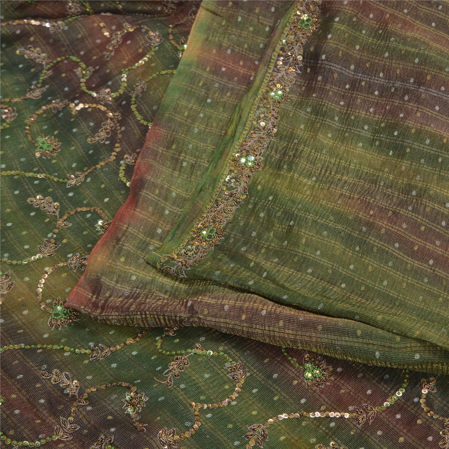 Sanskriti Vintage Green Sarees Pure Silk Hand Beaded Woven Sari Tie-Dye Sustainable Fabric