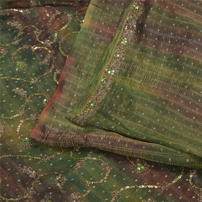 Sanskriti Vintage Green Sarees Pure Silk Hand Beaded Woven Sari Tie-Dye Sustainable Fabric