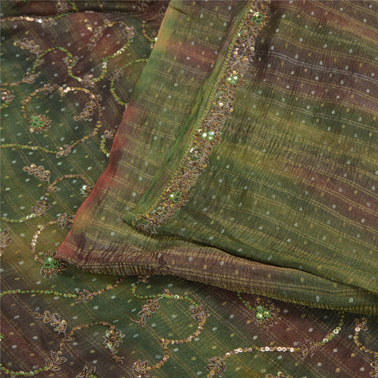 Sanskriti Vintage Green Sarees Pure Silk Hand Beaded Woven Sari Tie-Dye Sustainable Fabric