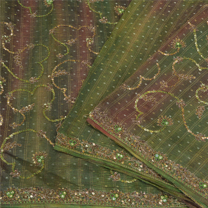 Sanskriti Vintage Green Sarees Pure Silk Hand Beaded Woven Sari Tie-Dye Sustainable Fabric