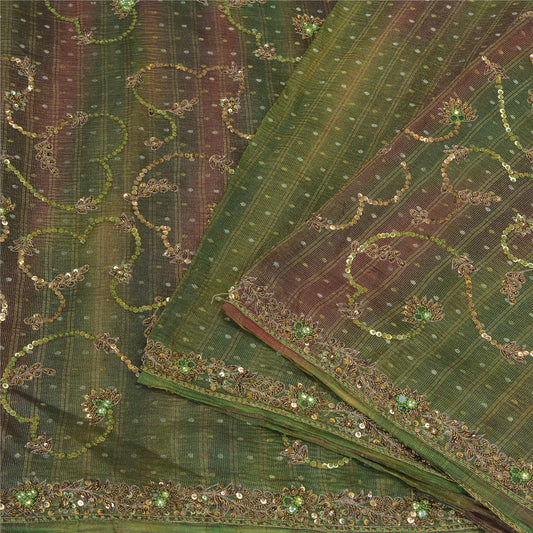 Sanskriti Vintage Green Sarees Pure Silk Hand Beaded Woven Sari Tie-Dye Sustainable Fabric