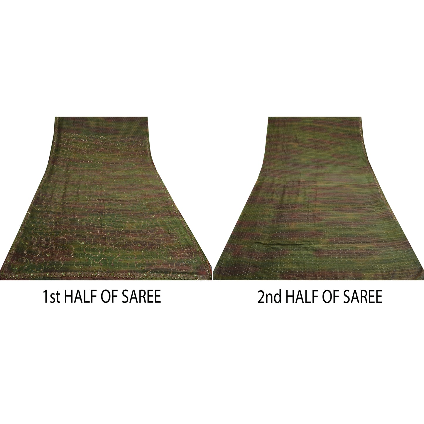 Sanskriti Vintage Green Sarees Pure Silk Hand Beaded Woven Sari Tie-Dye Sustainable Fabric