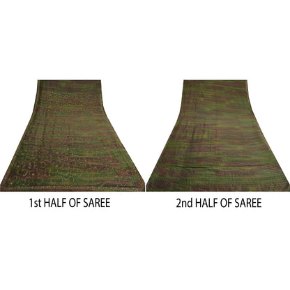 Sanskriti Vintage Green Sarees Pure Silk Hand Beaded Woven Sari Tie-Dye Sustainable Fabric