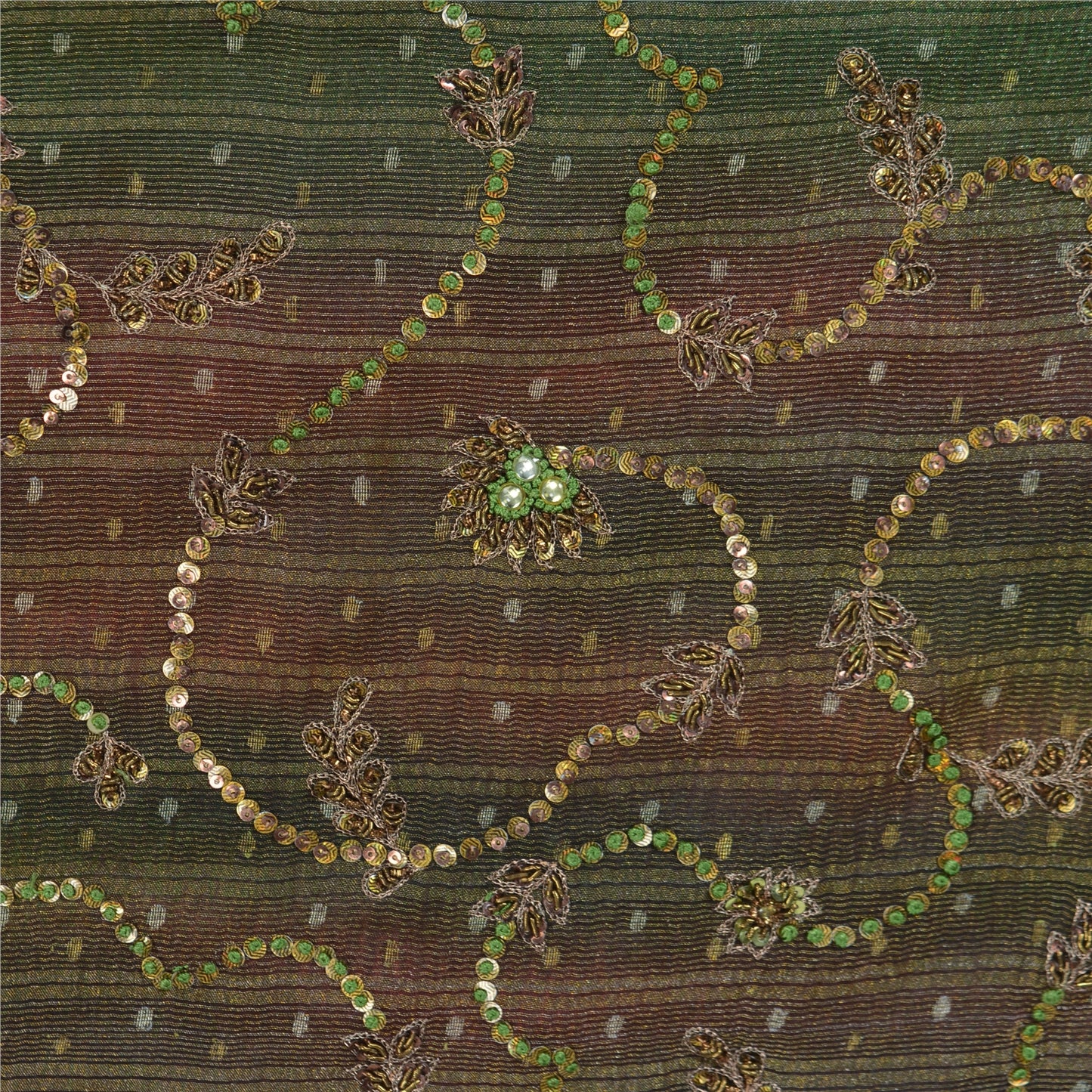 Sanskriti Vintage Green Sarees Pure Silk Hand Beaded Woven Sari Tie-Dye Sustainable Fabric