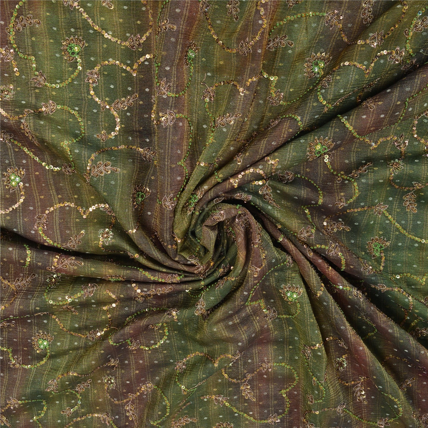 Sanskriti Vintage Green Sarees Pure Silk Hand Beaded Woven Sari Tie-Dye Sustainable Fabric