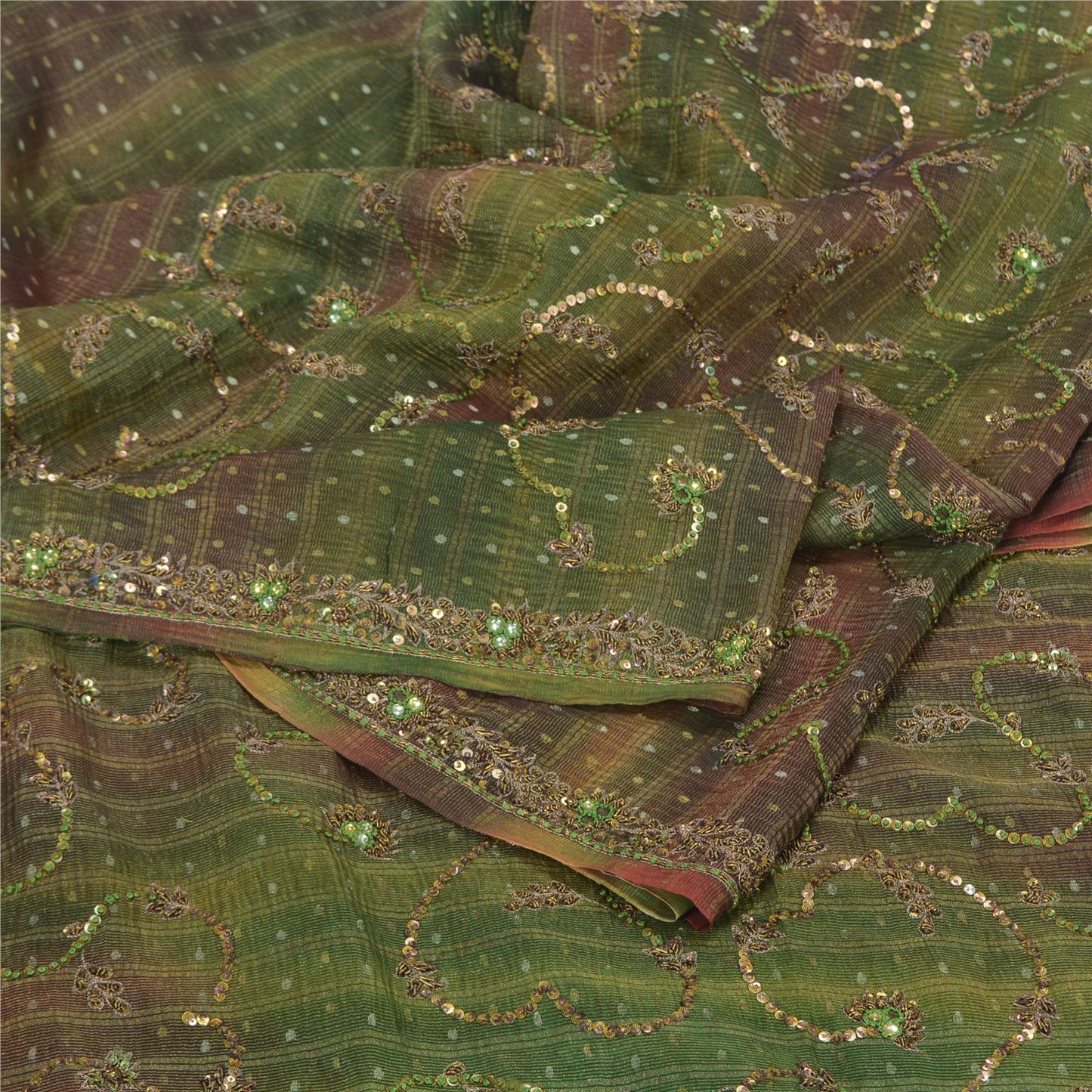 Sanskriti Vintage Green Sarees Pure Silk Hand Beaded Woven Sari Tie-Dye Sustainable Fabric