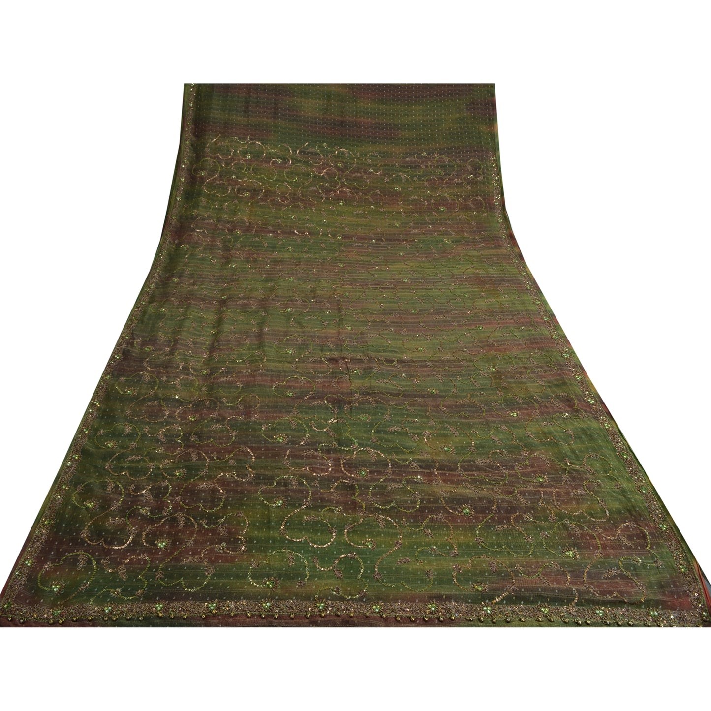 Sanskriti Vintage Green Sarees Pure Silk Hand Beaded Woven Sari Tie-Dye Sustainable Fabric