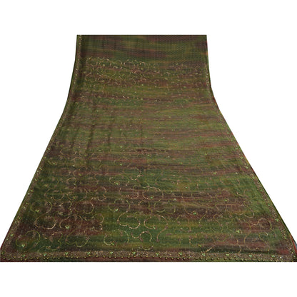 Sanskriti Vintage Green Sarees Pure Silk Hand Beaded Woven Sari Tie-Dye Sustainable Fabric