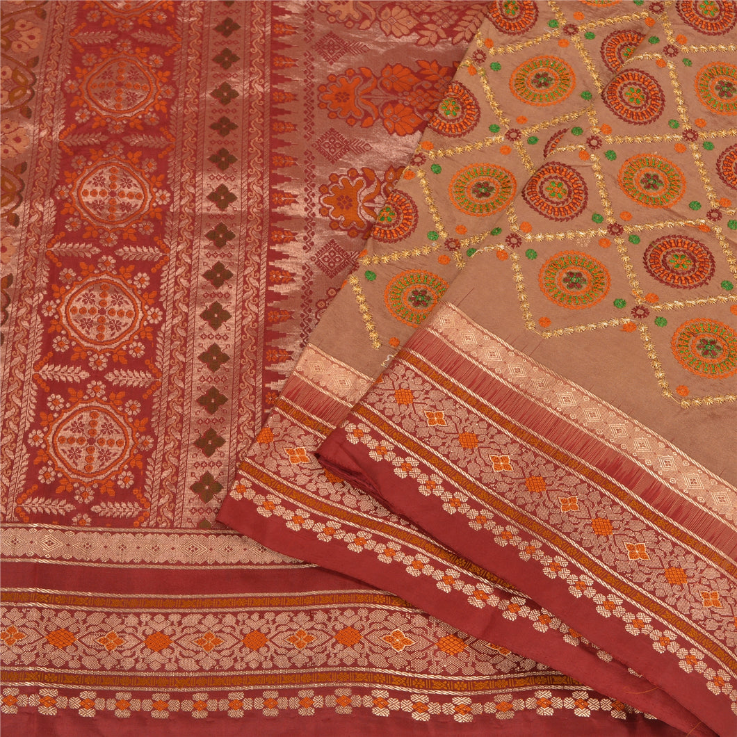 Sanskriti Vintage Dark Red/Brown Sarees Pure Silk Woven Brocade Zari Sari Fabric