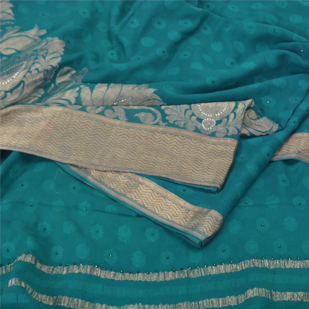 Sanskriti Vintage Teal Bollywood Sarees Pure Georgette Silk Woven Sari Fabric
