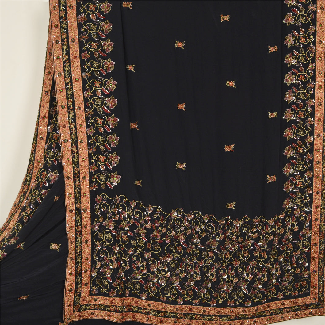 Sanskriti Vintage Black Sarees Pure Crepe Silk Hand Beaded Premium Sari Fabric