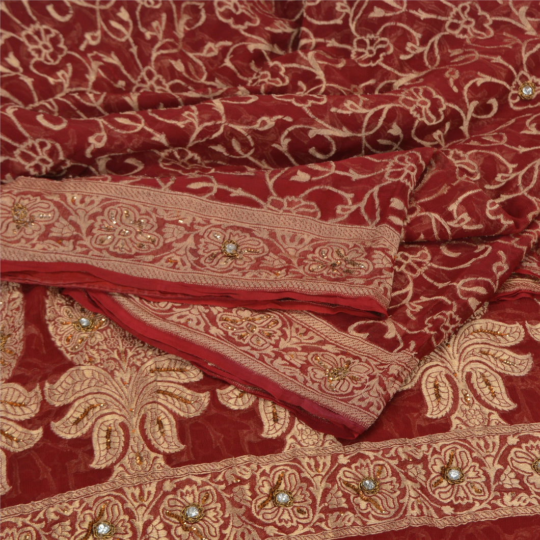 Sanskriti Vintage Red Sarees Pure Georgette Silk Pure Beaded Woven Sari Fabric