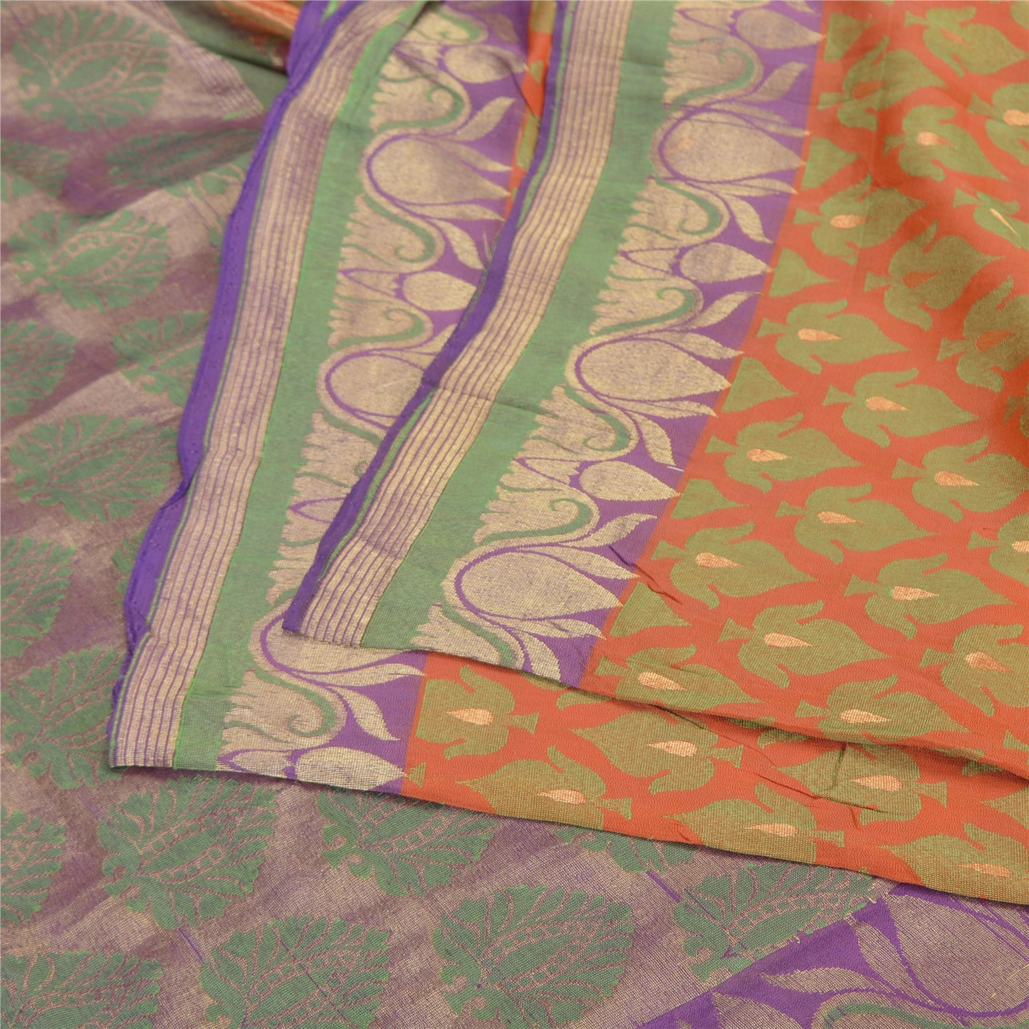 Sanskriti Vintage Peach/Purple Sarees Pure Silk Woven Premium Sari Sustainable Fabric