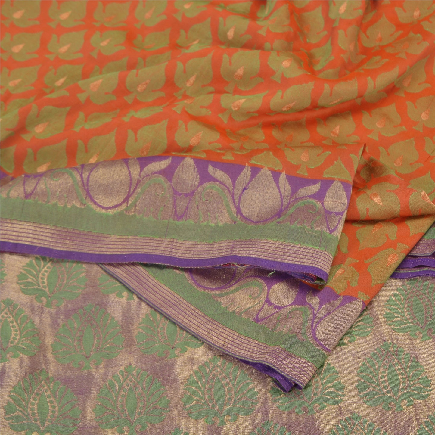 Sanskriti Vintage Peach/Purple Sarees Pure Silk Woven Premium Sari Sustainable Fabric