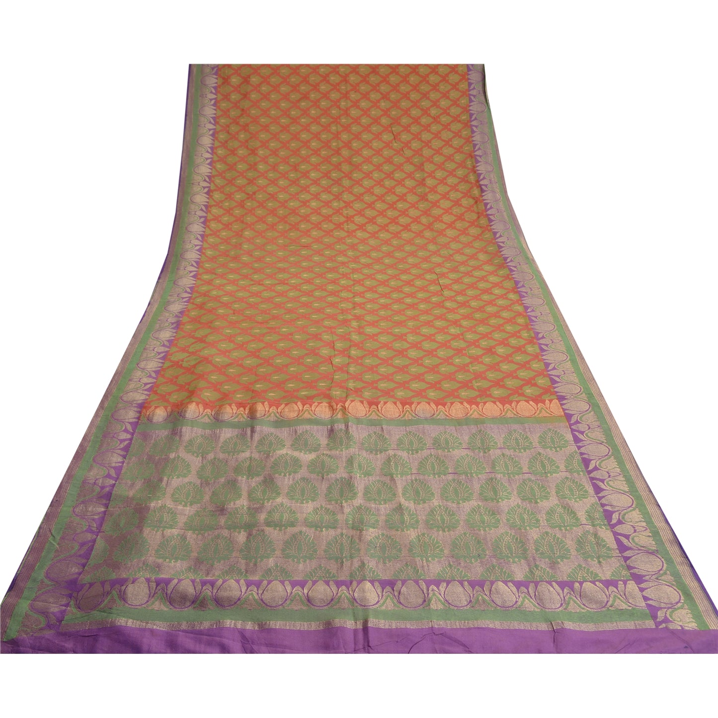 Sanskriti Vintage Peach/Purple Sarees Pure Silk Woven Premium Sari Sustainable Fabric