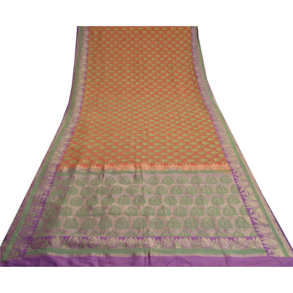 Sanskriti Vintage Peach/Purple Sarees Pure Silk Woven Premium Sari Sustainable Fabric