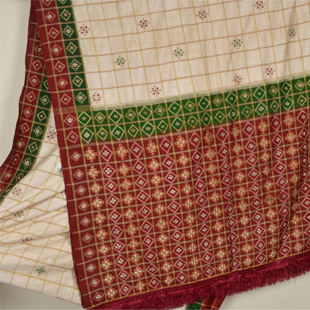 Sanskriti Vintage Indian Sarees Pure Silk Hand Beads Woven Gharchola Sari Fabric