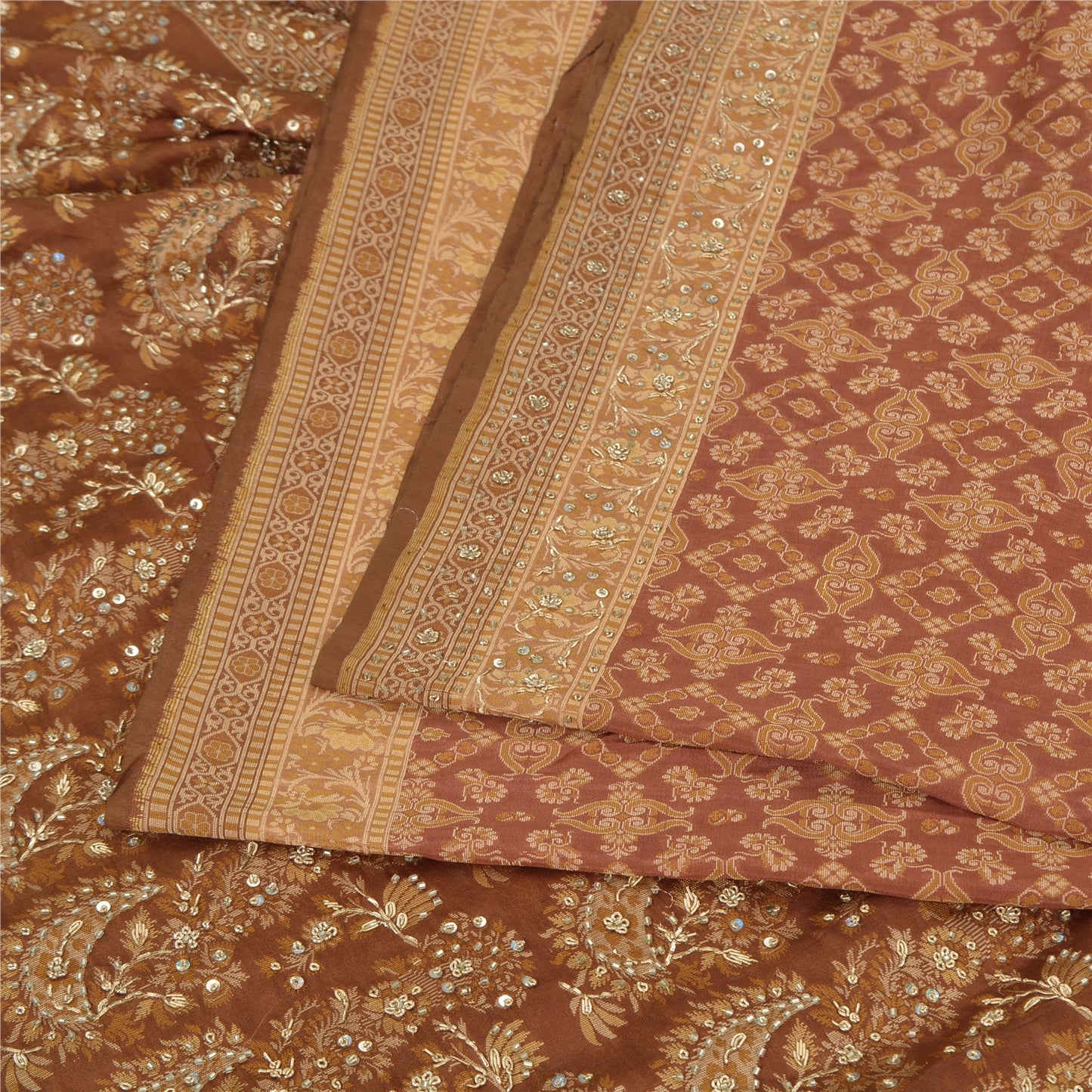 Sanskriti Vintage Brown Indian Sarees Pure Silk Hand Beaded Woven Sari Sustainable Fabric
