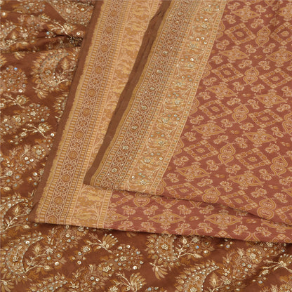 Sanskriti Vintage Brown Indian Sarees Pure Silk Hand Beaded Woven Sari Sustainable Fabric