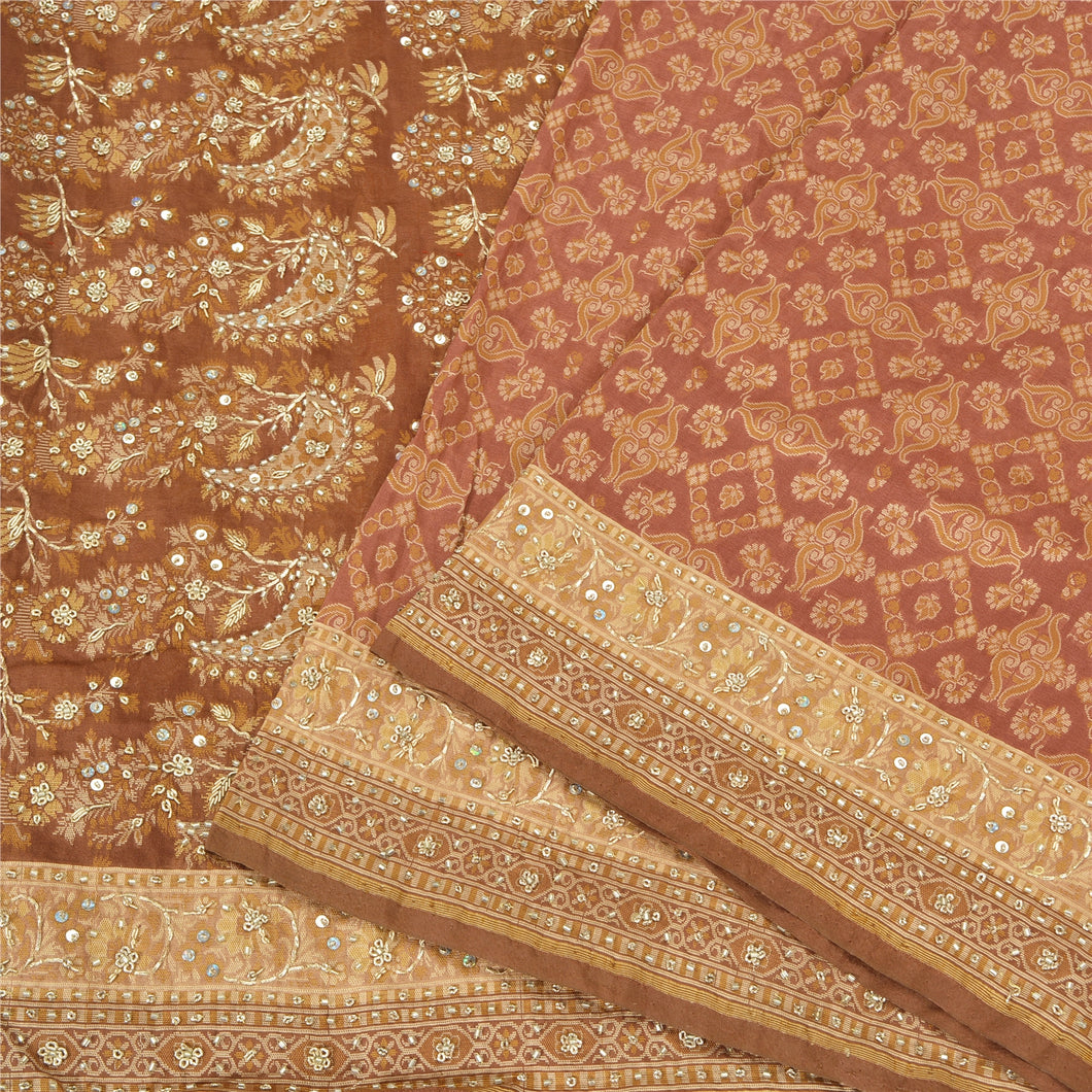 Sanskriti Vintage Brown Indian Sarees Pure Silk Hand Beaded Woven Sari Fabric
