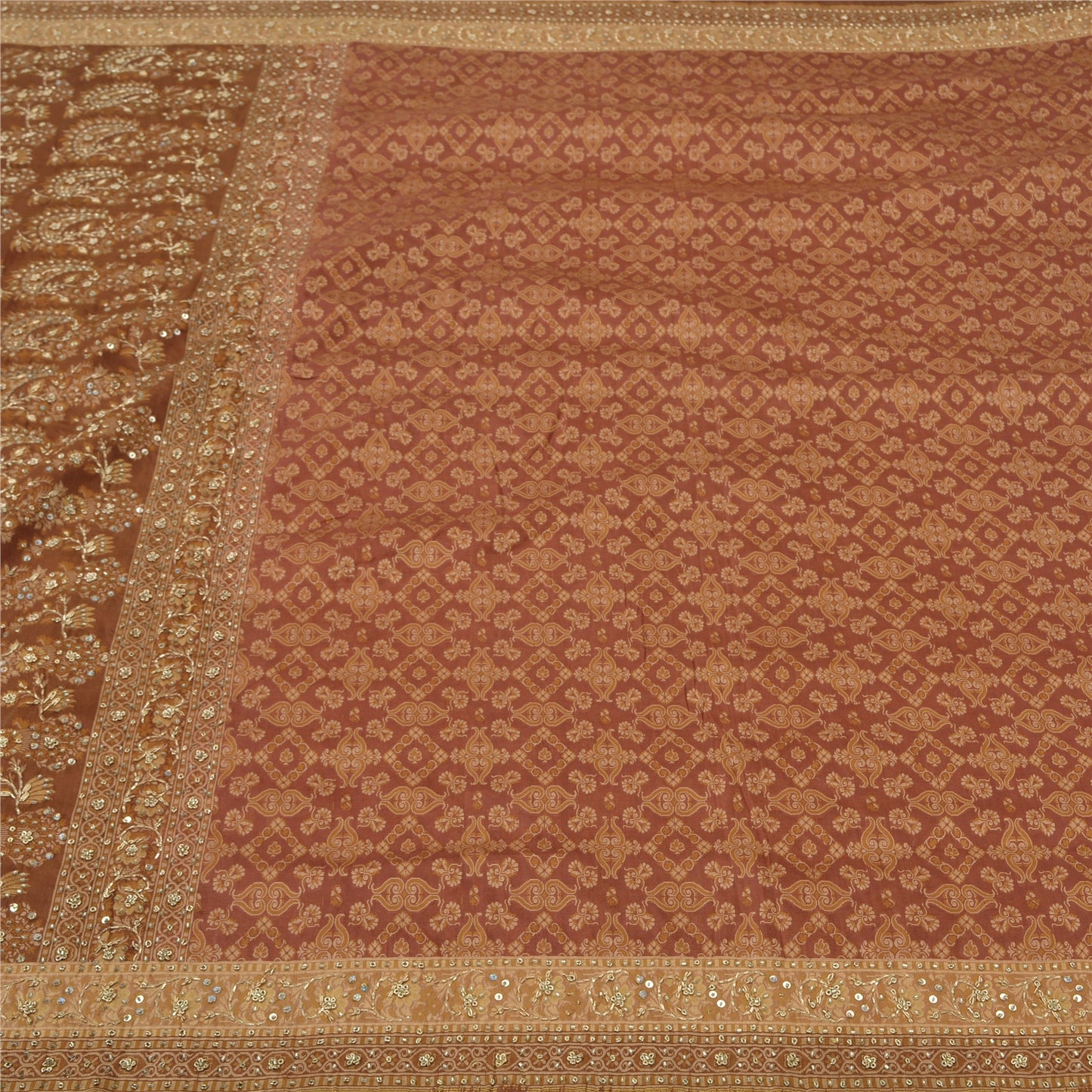 Sanskriti Vintage Brown Indian Sarees Pure Silk Hand Beaded Woven Sari Sustainable Fabric
