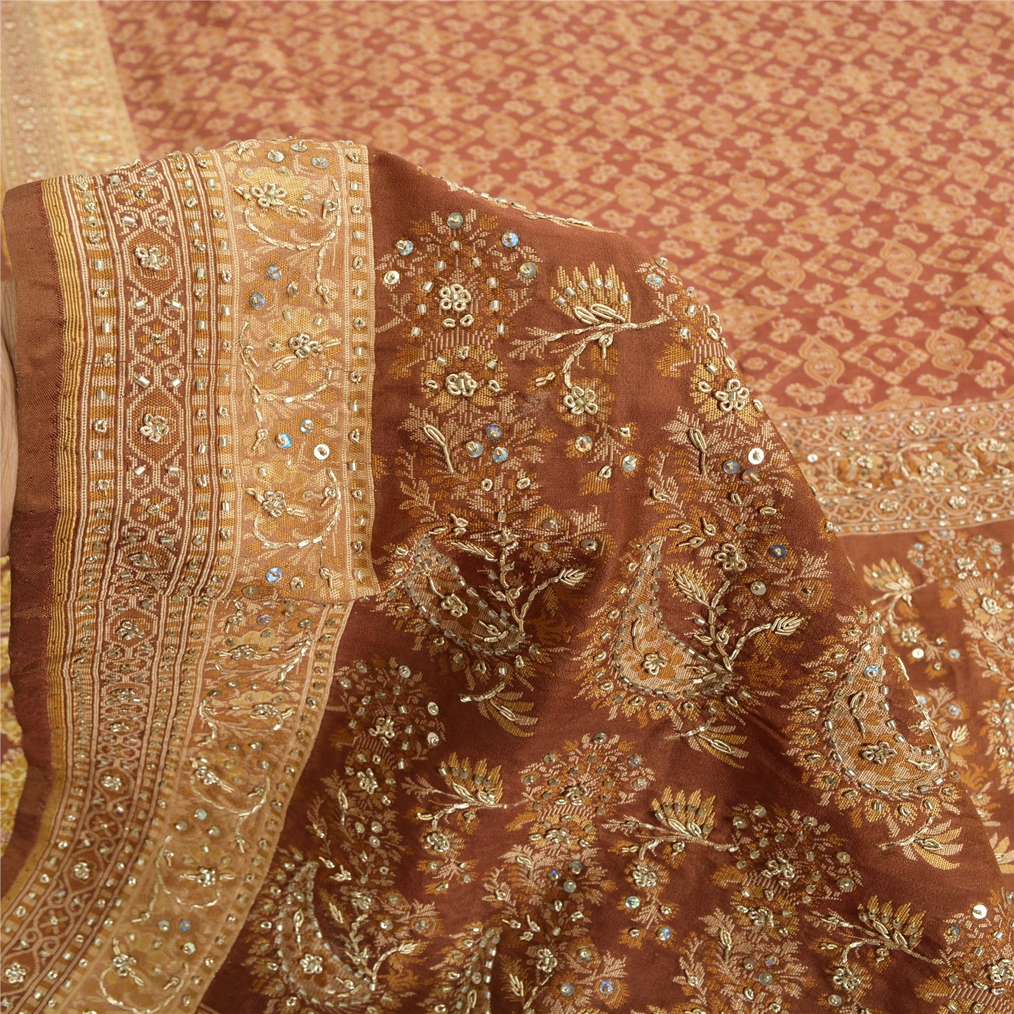 Sanskriti Vintage Brown Indian Sarees Pure Silk Hand Beaded Woven Sari Sustainable Fabric
