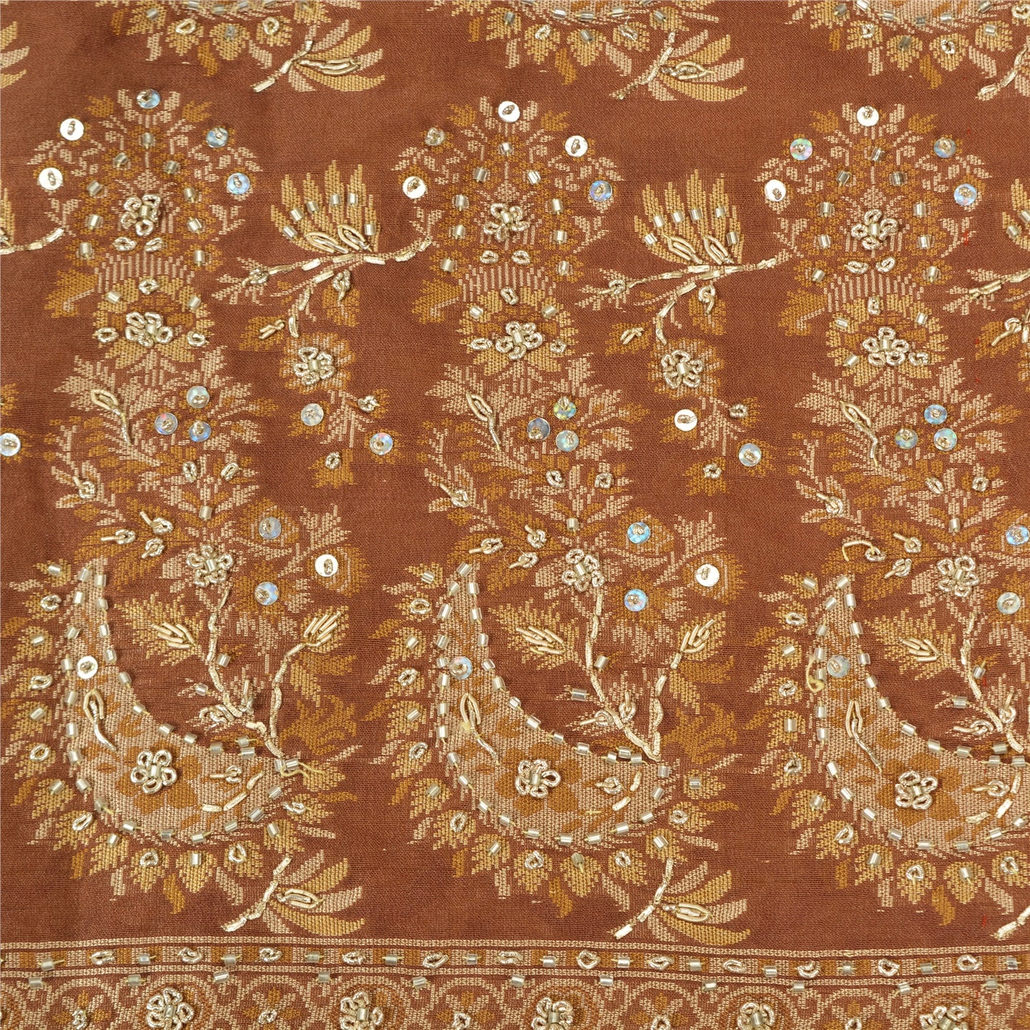 Sanskriti Vintage Brown Indian Sarees Pure Silk Hand Beaded Woven Sari Sustainable Fabric