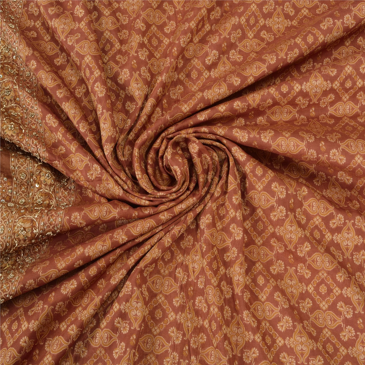 Sanskriti Vintage Brown Indian Sarees Pure Silk Hand Beaded Woven Sari Sustainable Fabric