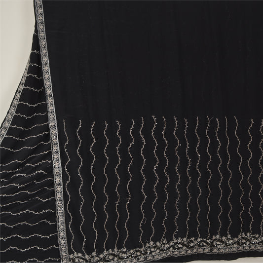 Sanskriti Vintage Black Sarees Pure Crepe Silk Beaded Premium Sari Craft Sustainable Fabric