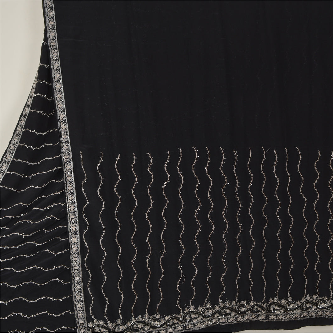 Sanskriti Vintage Black Sarees Pure Crepe Silk Beaded Premium Sari Craft Fabric