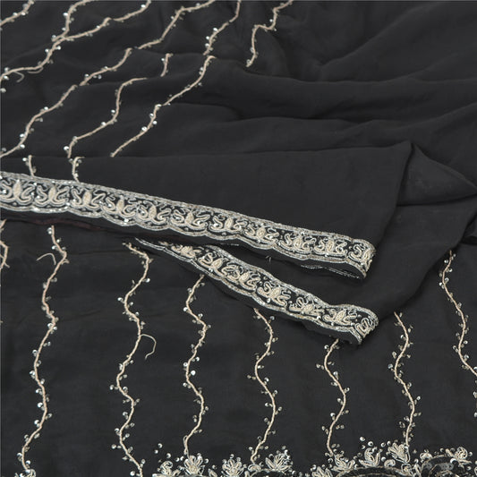 Sanskriti Vintage Black Sarees Pure Crepe Silk Beaded Premium Sari Craft Sustainable Fabric