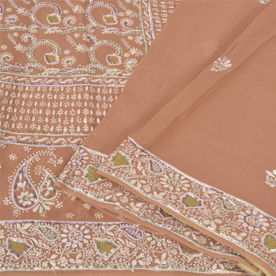 Sanskriti Vintage Brown Sarees Pure Georgette Silk Beaded Chikankari Sari Fabric