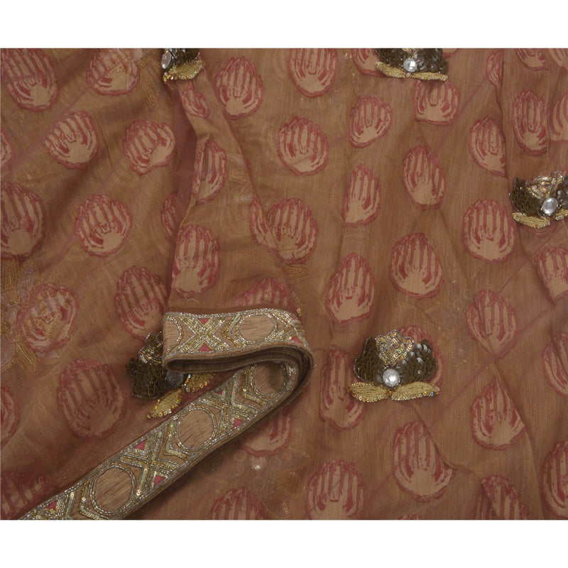 Sanskriti Vintage Saree Heavy Hand Beaded Woven Art Silk Sustainable Fabric 5 Yd Sari Cream