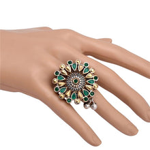Load image into Gallery viewer, Sanskriti Vintage Ring Carved Sterling Silver Green Glass Beaded Gold Tone

