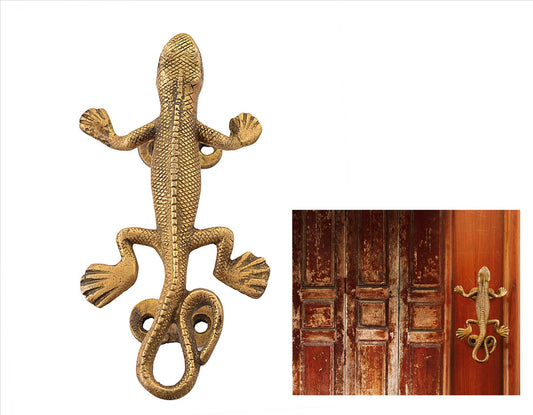 Sanskriti Vintage Antique Vintage Look Door Handle Lizard Handcrafted Solid Brass Pulls Gold tone