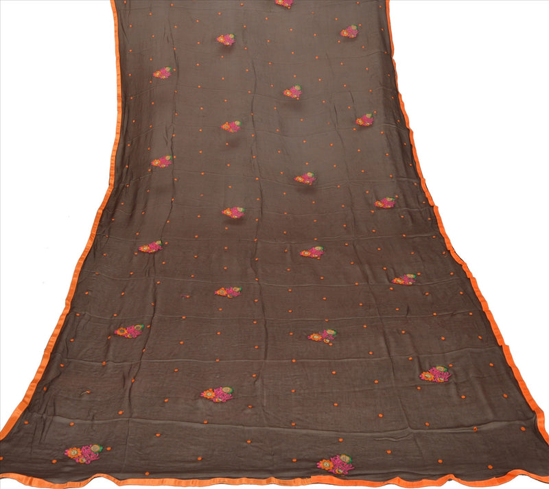 Sanskriti Vintage New Dupatta Long Scarf Chiffon Silk Brown Hijab Embroidered Wrap Veil