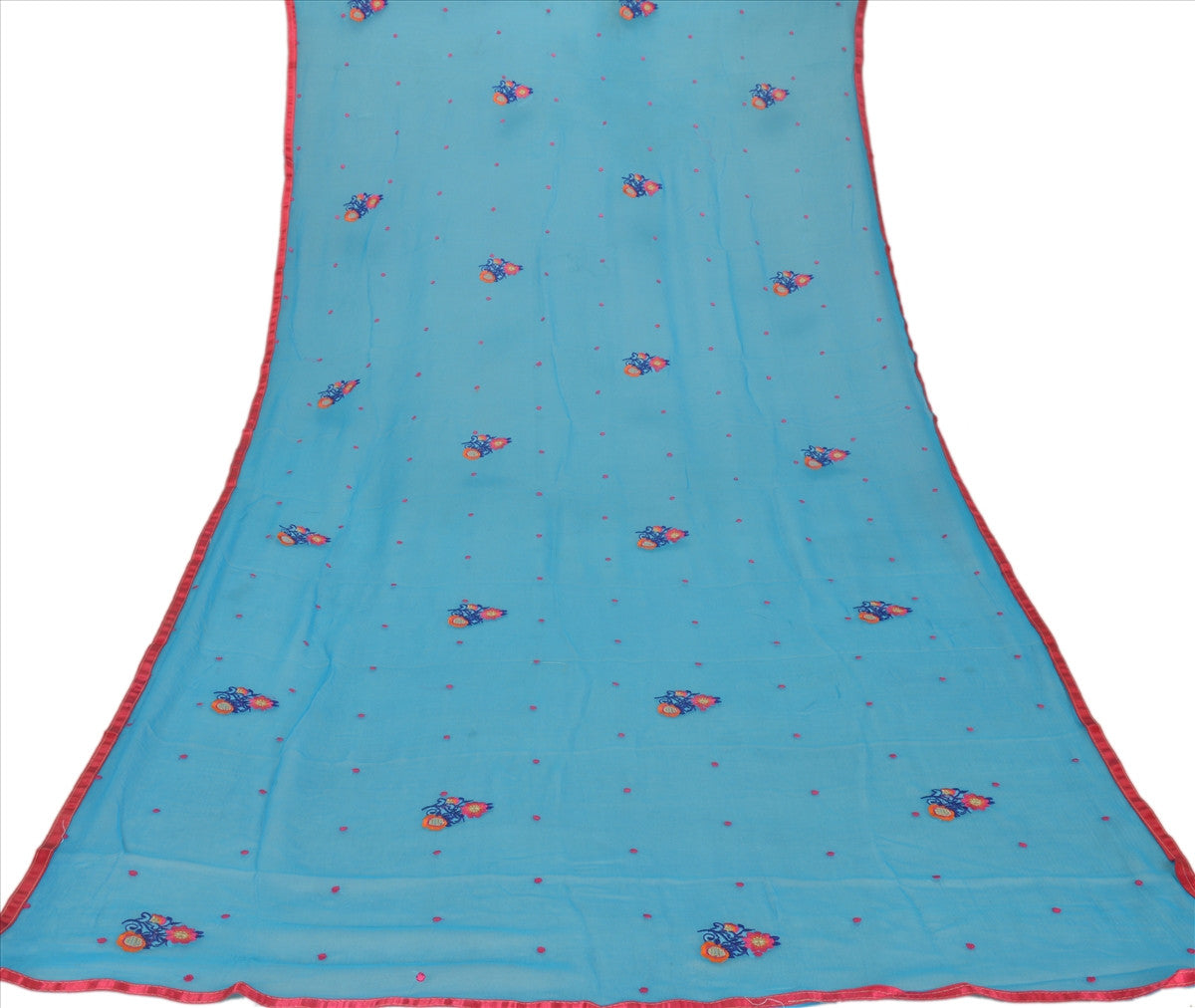 Sanskriti Vintage New Dupatta Long Scarf Chiffon Silk Blue Hijab Embroidered Wrap Veil