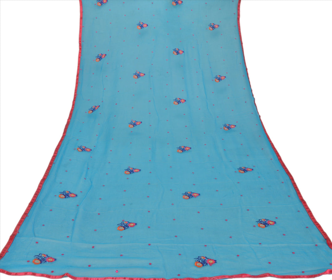 Sanskriti New Dupatta Long Scarf Chiffon Silk Blue Hijab Embroidered Wrap Veil