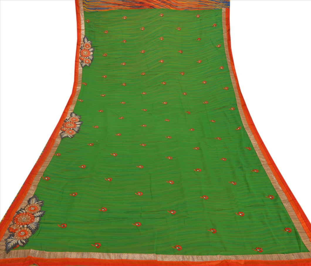 Sanskriti New Indian Saree Georgette Hand Beaded Multi Color Craft Fabric Sari