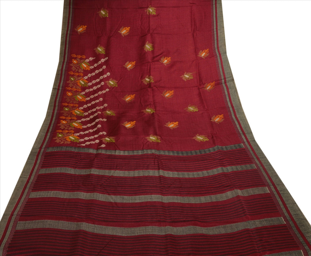New Indian Saree Art Silk Embroidered Maroon Craft Fabric Sari With Blouse Piece