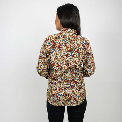 Sanskriti Vintage 100% Pure Cotton Casual Hand Block Printed Beige Floral Full Sleeve Shirt